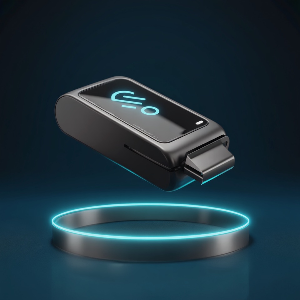 Compact MagTek-class payment card reader floating above a glowing cyan ring
